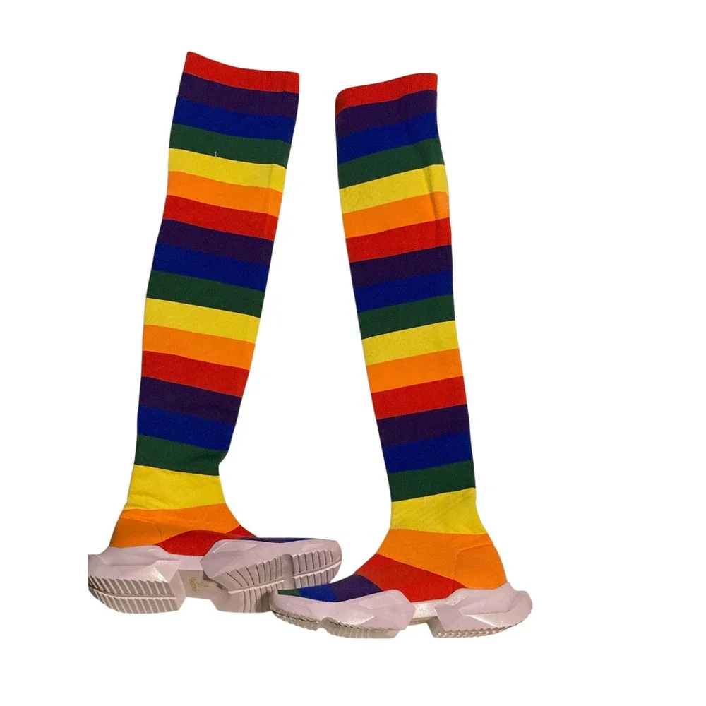 Thrusters Rainbow Striped Thigh High Sock Boots Lavender Platform Sole Size 36